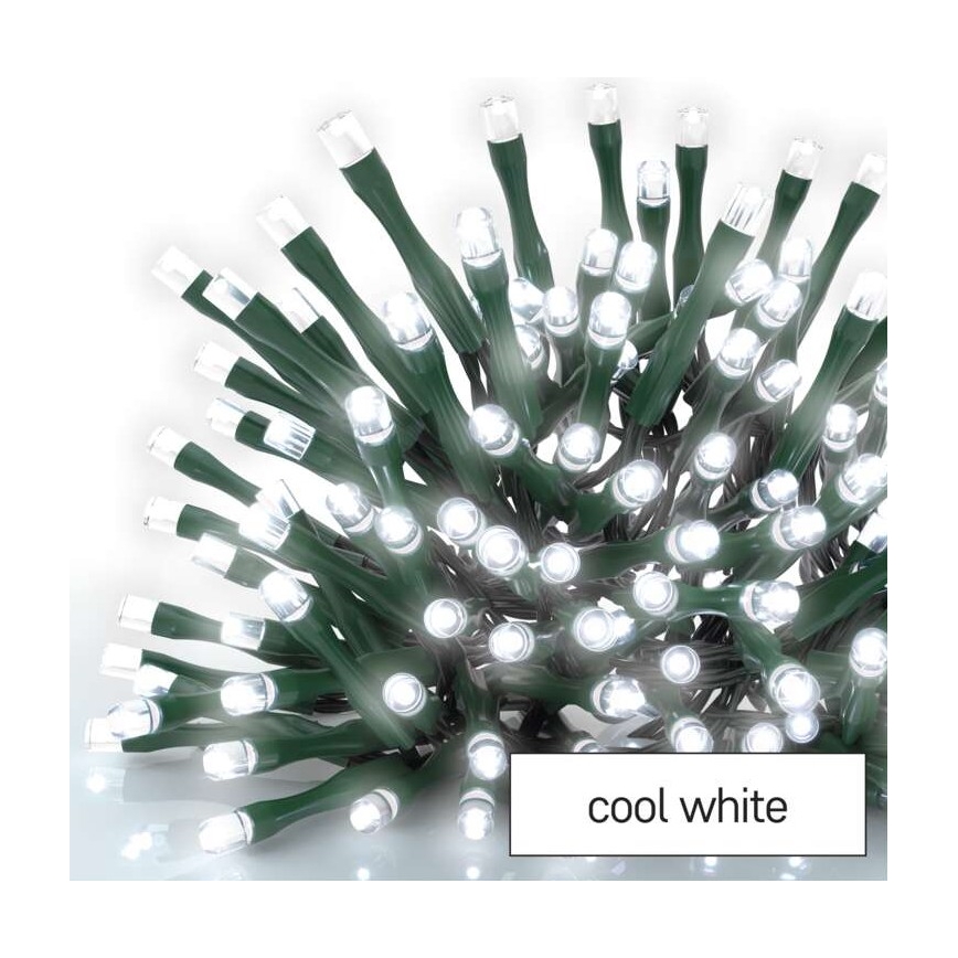 Svetlá svietia - zelené káble s bielymi LED diódami. Text: cool white.