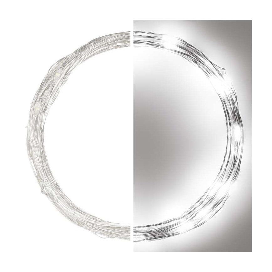 Svetelný reťazec v tvare kruhu s malými LED diódami svieti na bielom a sivom pozadí. Reťazec je zobrazený zapnutý a vypnutý.