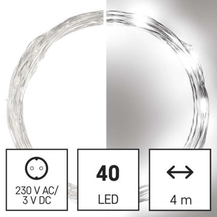 Svetelný LED pásik s 40 LED diódami, dĺžkou 4 metre, je stočený do kruhu. Napájanie: 230 V AC/ 3 V DC.