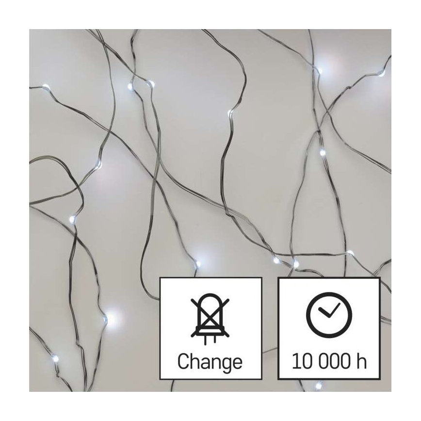Svetelná sieťka s bielymi LED diódami svieti. Sieťka je strieborná, na svetlom pozadí. Symboly označujú: Change (žiarovky sa nedajú vymeniť) a 10 000 h (životnosť).