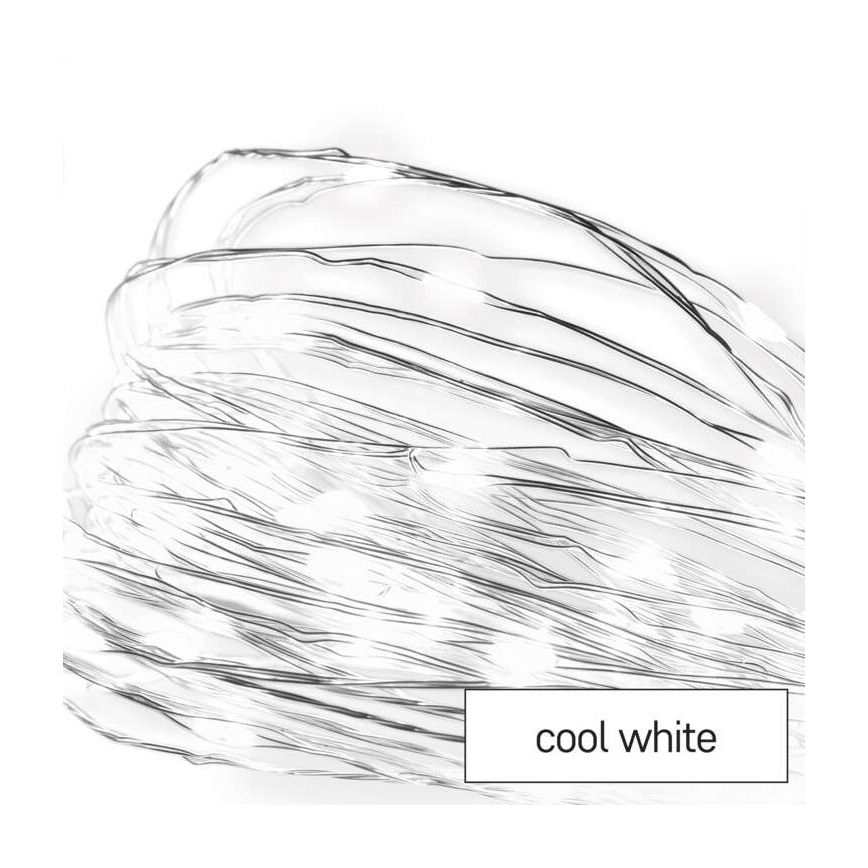 Svetlošedé tenké drôtiky s malými svetielkami sú prepletené a stočené na bielom pozadí. Text: cool white.