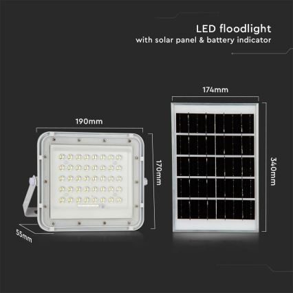 LED Vonkajší stmievateľný solárny reflektor LED/10W/3,2V IP65 4000K biela + diaľkové ovládanie