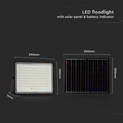 LED Vonkajší solárny reflektor LED/200W/3,2V 4000K čierna IP65 + diaľkové ovládanie