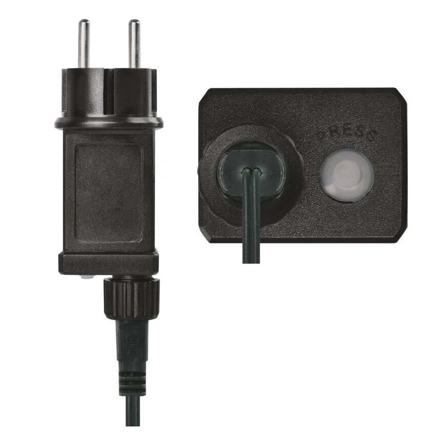 Dve čierne plastové súčasti elektrickej zástrčky a vypínača. Zástrčka sa zapojí do elektrickej siete. Vypínač má tlačidlo „PRESS“.