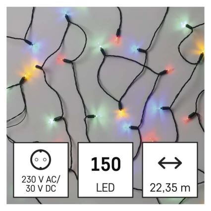 Svetelná reťaz s 150 LED diódami v rôznych farbách, s dĺžkou 22,35 metra, je napájaná z 230 V AC/30 V DC zdroja.
