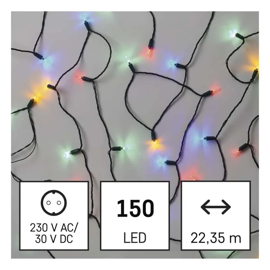 Svetelná reťaz s 150 LED diódami v rôznych farbách, s dĺžkou 22,35 metra, je napájaná z 230 V AC/30 V DC zdroja.