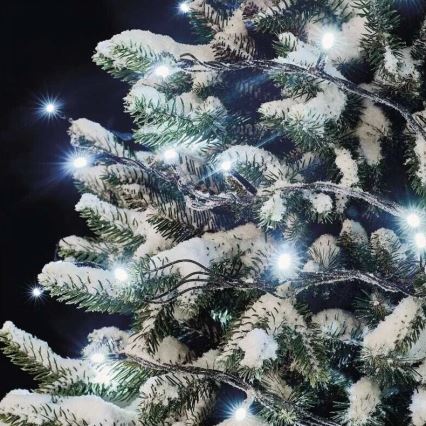 Svetlá sú omotané okolo zasnežených konárov ihličnatého stromu v tmavšom prostredí.