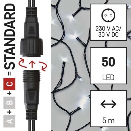 LED svetelný reťaz s 50 LED diódami, dĺžkou 5 metrov, sa pripája pomocou konektora typu A+B+C=STANDARD. Napájanie 230V AC/30V DC.
