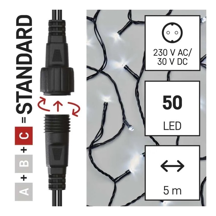 LED svetelný reťaz s 50 LED diódami, dĺžkou 5 metrov, sa pripája pomocou konektora typu A+B+C=STANDARD. Napájanie 230V AC/30V DC.