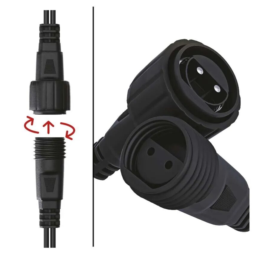 Dvojica čiernych konektorov sa spája otočením. Jeden konektor je zapojený do kábla s troma drôtmi. Konektory majú dva kolíky.