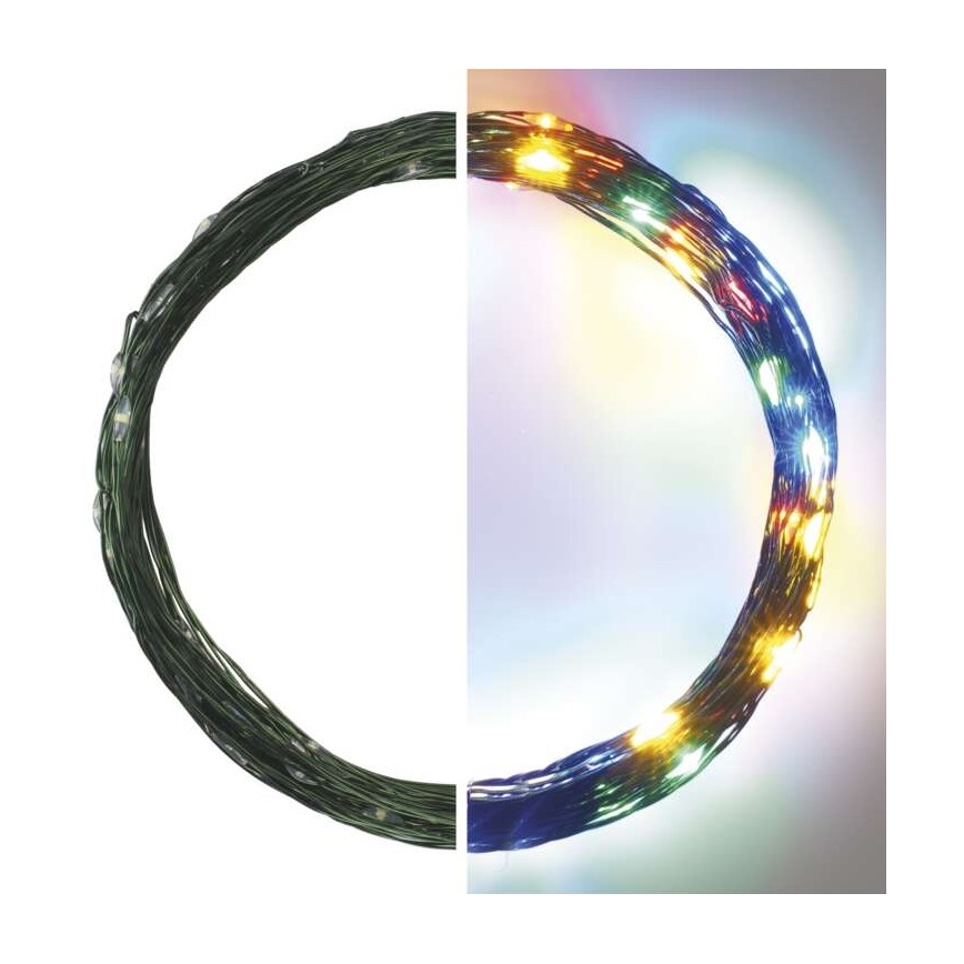 LED svetelný reťaz s tenkým zeleným drôtom je stočený do kruhu. Na pravej strane je zobrazený svietiaci reťaz s viacfarebnými LED diódami. Na ľavej strane je ten istý reťaz zhasnutý.