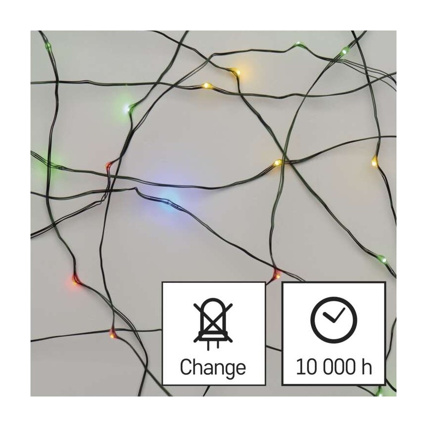 Farebné LED svetielka svietia na čiernych kábloch rozprestretých na svetlom pozadí. Symboly označujú: Change a 10 000 h.