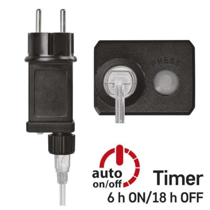 Čierny sieťový adaptér s tlačidlom a pripojeným káblom. Adaptér má vstavaný časovač s funkciou automatického zapínania/vypínania. Časovač je nastavený na 6 hodín zapnuté/18 hodín vypnuté.