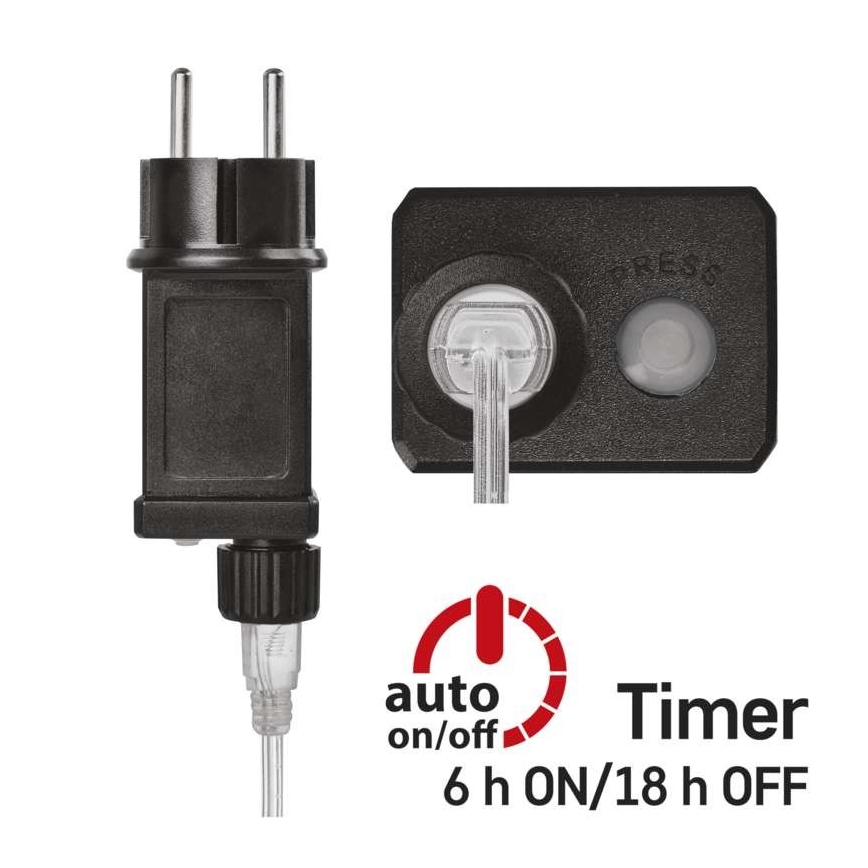 Čierny sieťový adaptér s tlačidlom a pripojeným káblom. Adaptér má vstavaný časovač s funkciou automatického zapínania/vypínania. Časovač je nastavený na 6 hodín zapnuté/18 hodín vypnuté.