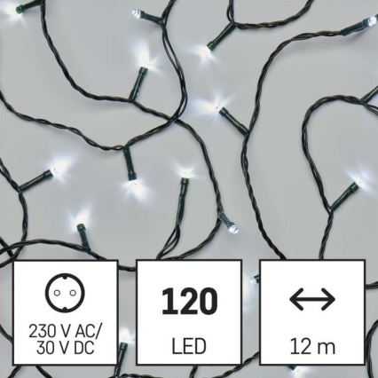 Svetelná reťaz s 120 LED diódami svieti bielou farbou. Dĺžka reťaze je 12 metrov, napájanie 230 V AC/30 V DC.