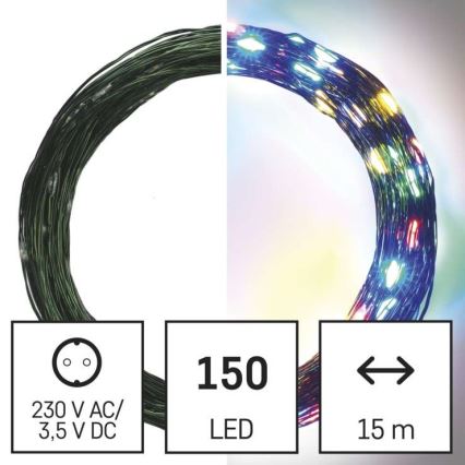 Svetlený drôt s 150 LED diódami, dĺžky 15 metrov, svieti viacfarebne. Napájanie: 230 V AC/3,5 V DC.