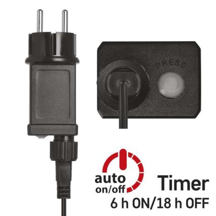 Sieťový adaptér s prepínačom a časovačom. Adaptér je pripojený k elektrickej sieti a ovláda sa tlačidlom. Časovač má nastavenie 6 hodín zapnuté/18 hodín vypnuté.