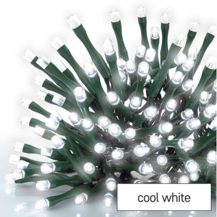 LED svetielka svietia. Sú na tmavozelenom kábli. Popis: cool white.