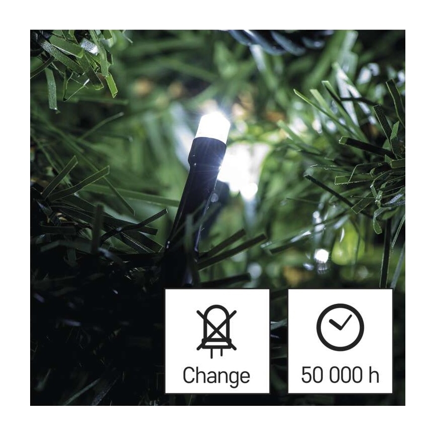 LED dióda svieti na umelom ihličnatom strome. Dióda je súčasťou svetelnej reťaze. Symboly označujú „Change“ a „50 000 h“.