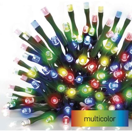 Svetelný reťaz s mnohofarebnými LED diódami je zvinutý. Diódy vyžarujú červenú, zelenú, modrú, žltú a ružovú farbu. Na obrázku je uvedený text: multicolor.