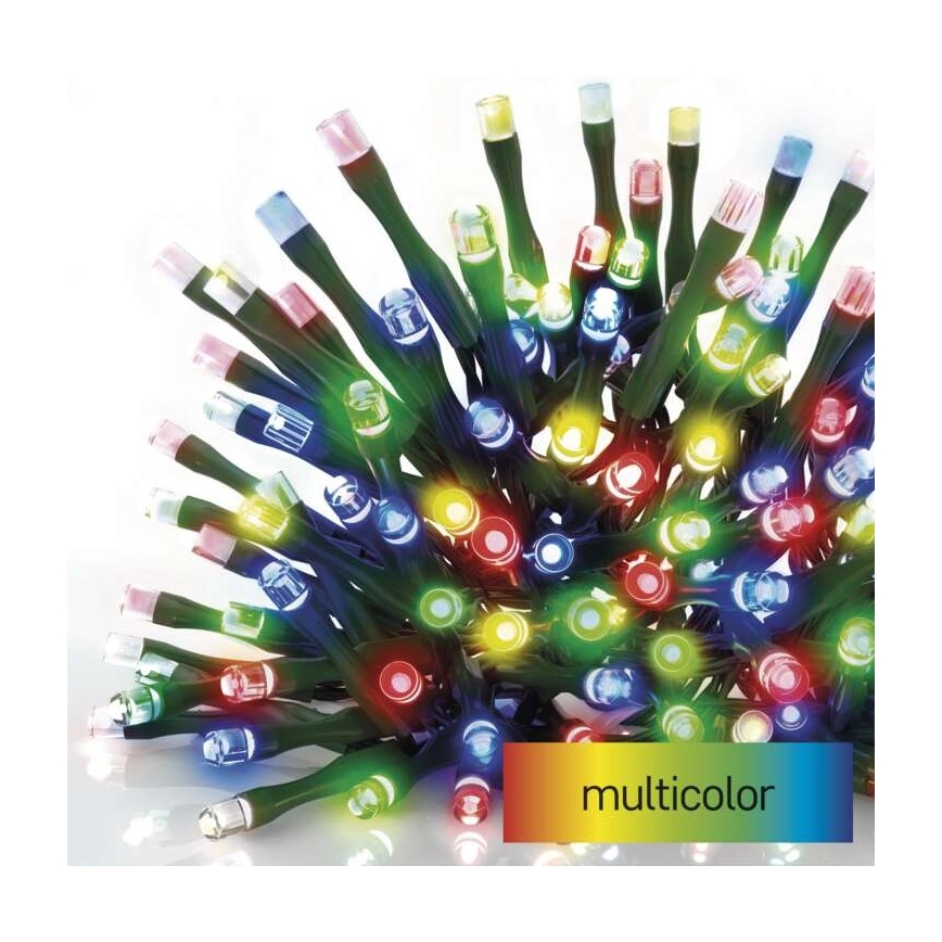 Svetelný reťaz s mnohofarebnými LED diódami je zvinutý. Diódy vyžarujú červenú, zelenú, modrú, žltú a ružovú farbu. Na obrázku je uvedený text: multicolor.