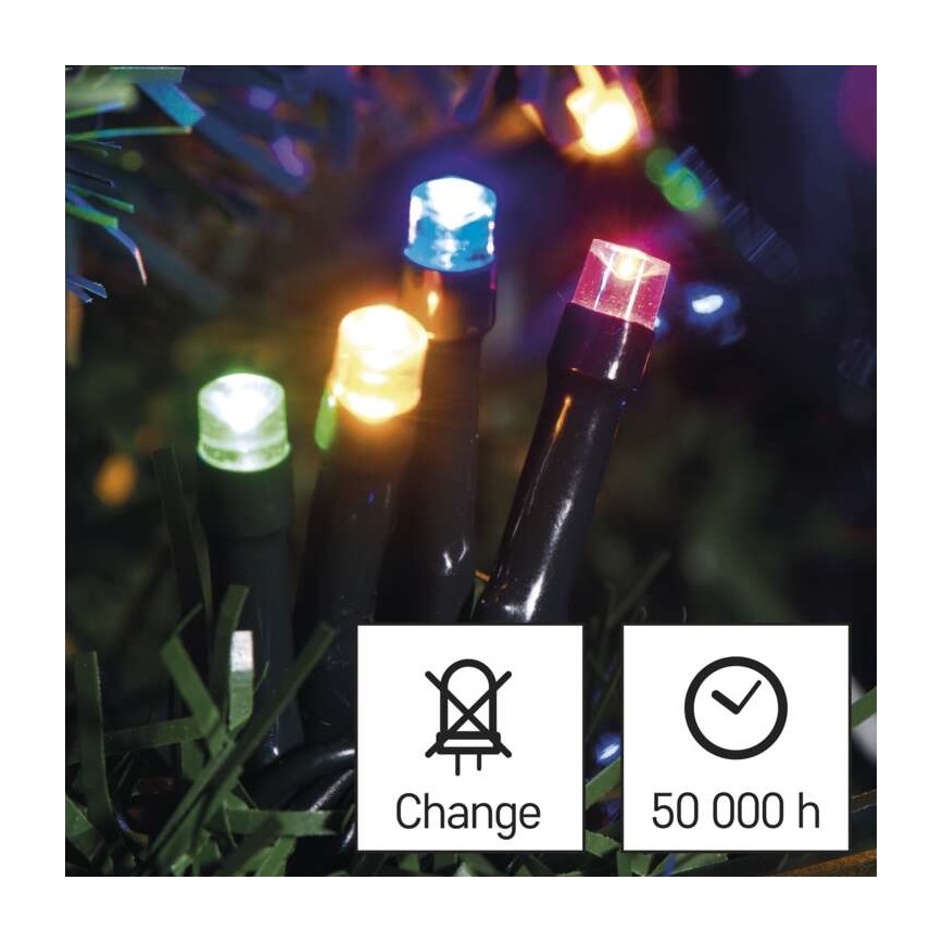 Farebné LED diódy svietia na umelom ihličnatom stromčeku. Diody sú rôznych farieb. Symboly na obrázku oznamujú: Change a 50 000 h.