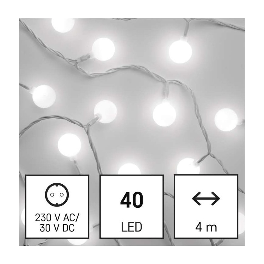 LED svetielka svietia. Sú to guľaté biele LED diódy na šnúre dlhej 4 metre. Napájanie: 230 V AC/30 V DC. Celkom 40 LED diód.