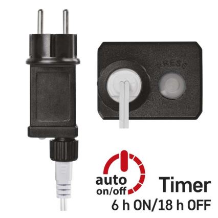 Elektrická zástrčka s časovačom. Časovač umožňuje automatické zapínanie a vypínanie na 6 hodín zapnuté a 18 hodín vypnuté. Súčasťou je aj vypínač.