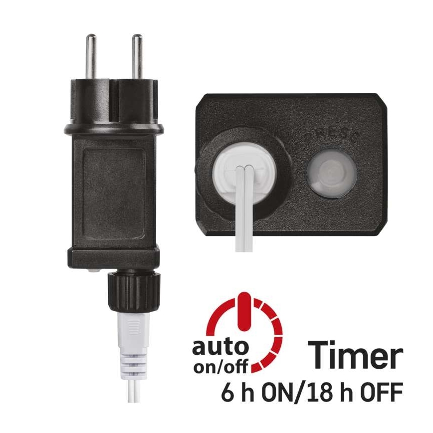 Elektrická zástrčka s časovačom. Časovač umožňuje automatické zapínanie a vypínanie na 6 hodín zapnuté a 18 hodín vypnuté. Súčasťou je aj vypínač.