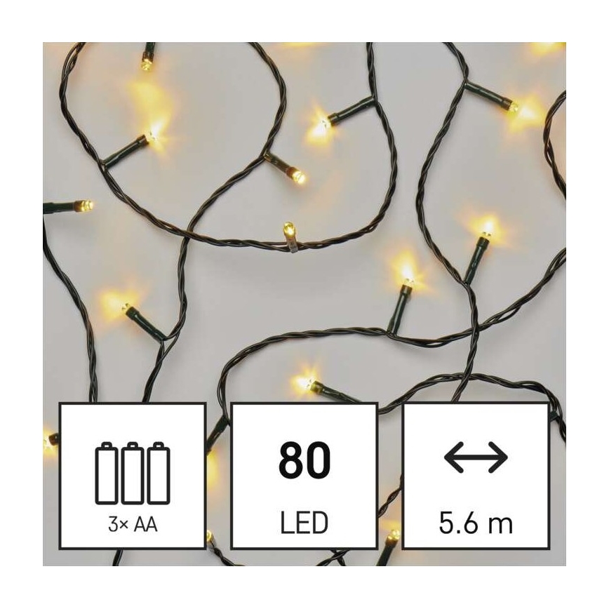 LED svetielka svietia. Sú na 5,6 m dlhom káble, s 80 LED diódami, napájané 3x AA batériami.