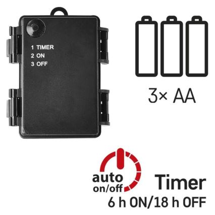 Čierny batériový box s prepínačom na nastavenie časovača (Timer, On, Off). Napájanie: 3x AA batérie. Časovač: 6 hodín zapnuté/18 hodín vypnuté.