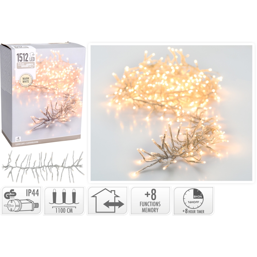LED Vonkajší vianočný reťaz 1512xLED/230V/8 funkcií 14 m IP44 teplá biela