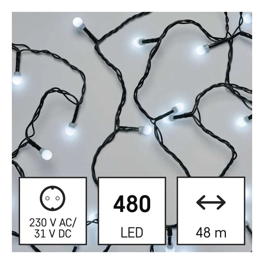LED vonkajší vianočný reťaz 480 LED/8 funkcií 53 m studená biela IP44