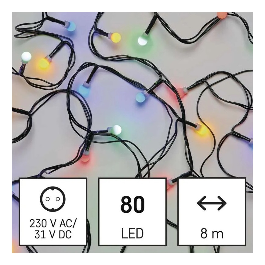 LED vonkajší vianočný reťaz 80 LED, 8 režimov, 13 m, viacfarebný, IP44