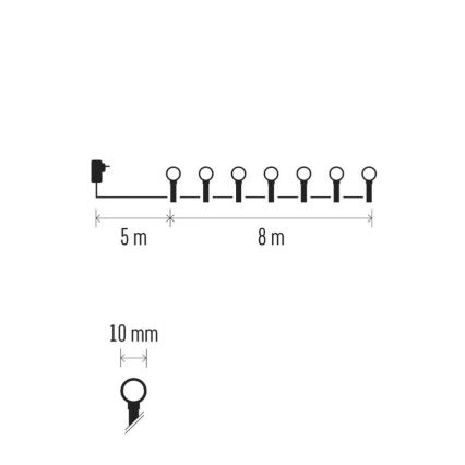 LED vonkajší vianočný reťaz 80 LED, 8 režimov, 13 m, viacfarebný, IP44