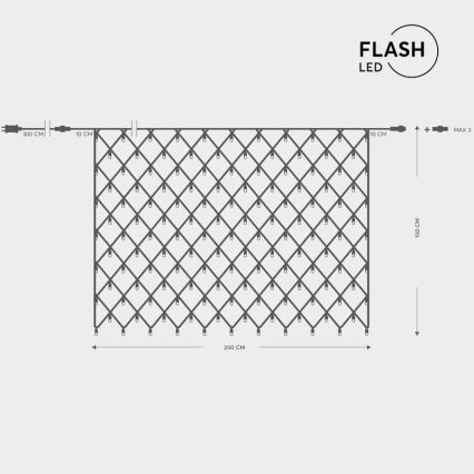LED sieť s rozmermi 200 x 150 cm, s LED diódami usporiadanými do diamantového vzoru, je pripojená k 300 cm dlhému káblu. Na obrázku je uvedená značka FLASH LED.