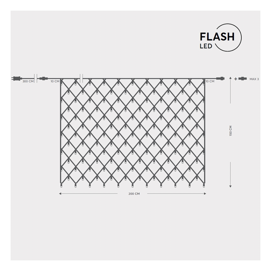 LED sieť s rozmermi 200 x 150 cm, s LED diódami usporiadanými do diamantového vzoru, je pripojená k 300 cm dlhému káblu. Na obrázku je uvedená značka FLASH LED.