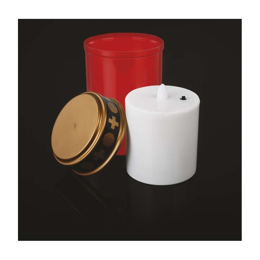 LED sviečka s červeným a bielym telom, zlatým viečkom s čiernym dekoratívnym lemom a krížikmi sa skladá. Na čiernom pozadí.