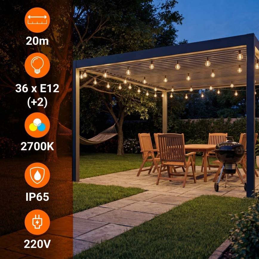 LED vonkajšia dekoratívna reťaz 36xE12/1W/230V 22,35 m IP65 čierna