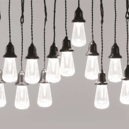 Svietiace guľové lampióny v tvare zvončeka visia na čiernych kábloch. Svetlá svietia jemným bielym svetlom. V pozadí je svetlosivá stena.