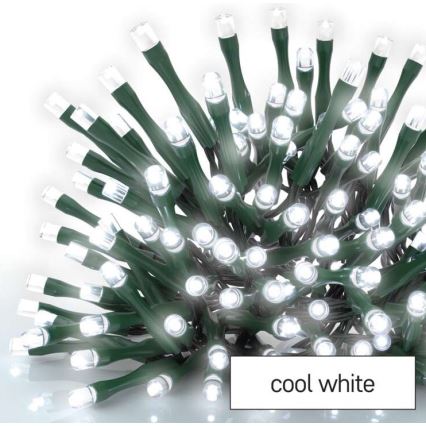 Svetelný veniec s mnohými malými bielymi LED diódami na tmavozelených kábloch. Diódy svietia. Text na obrázku: cool white.