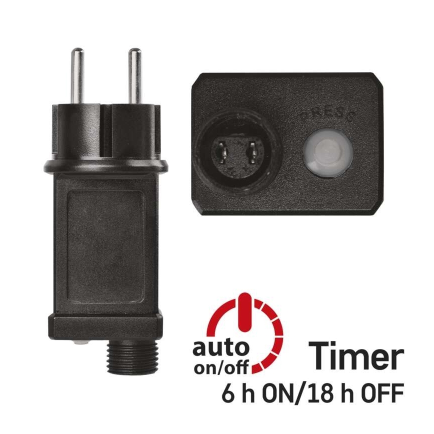 Čierny sieťový adaptér s vypínačom a konektorom. Adaptér obsahuje tlačidlo a indikátor. Na obrázku je tiež zobrazený časovač s označením „auto on/off 6 h ON/18 h OFF“.