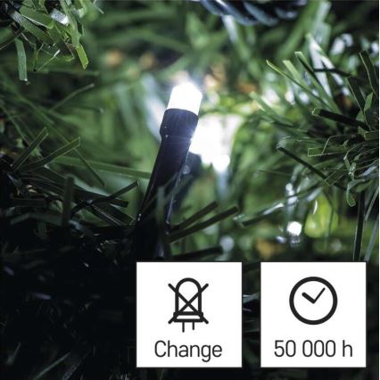 LED dióda svieti na umelom ihličnatom strome. Dióda je súčasťou svetelnej reťaze. Ikony oznamujú: „Change“ a „50 000 h“.