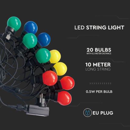 LED Vonkajšia reťaz STRING RGB 10m 20xLED/0,5W/230V IP44