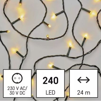 LED svetelný reťaz s 240 diódami svieti. Dĺžka reťaze je 24 metrov. Napájanie: 230 V AC/30 V DC.