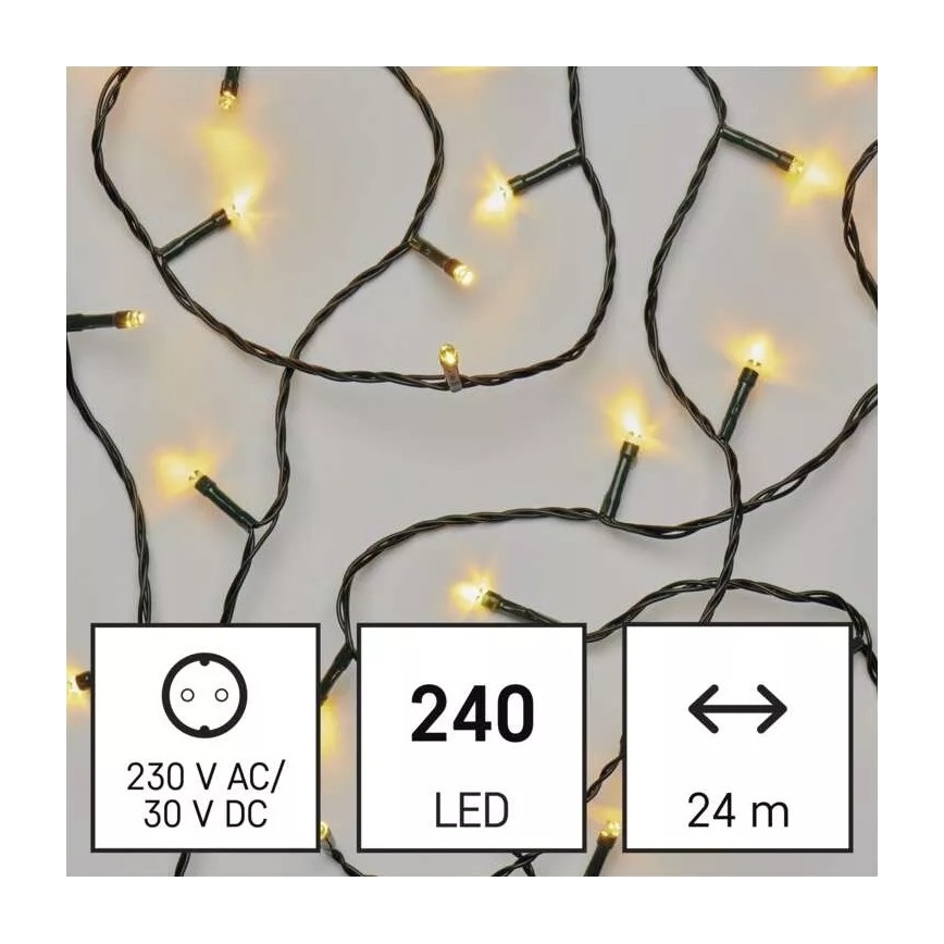 LED svetelný reťaz s 240 diódami svieti. Dĺžka reťaze je 24 metrov. Napájanie: 230 V AC/30 V DC.
