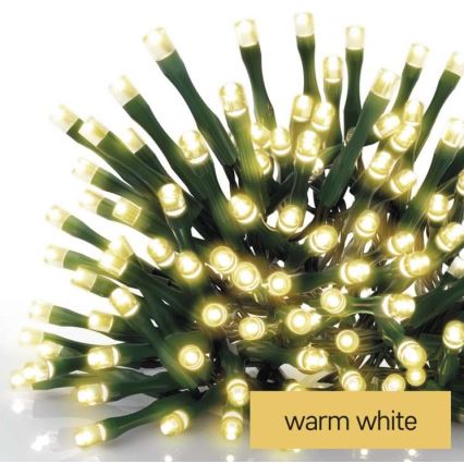 LED svetelný reťaz s mnohými malými žiarovkami s teplou bielou farbou, svieti, je zrolovaný. Text: warm white.