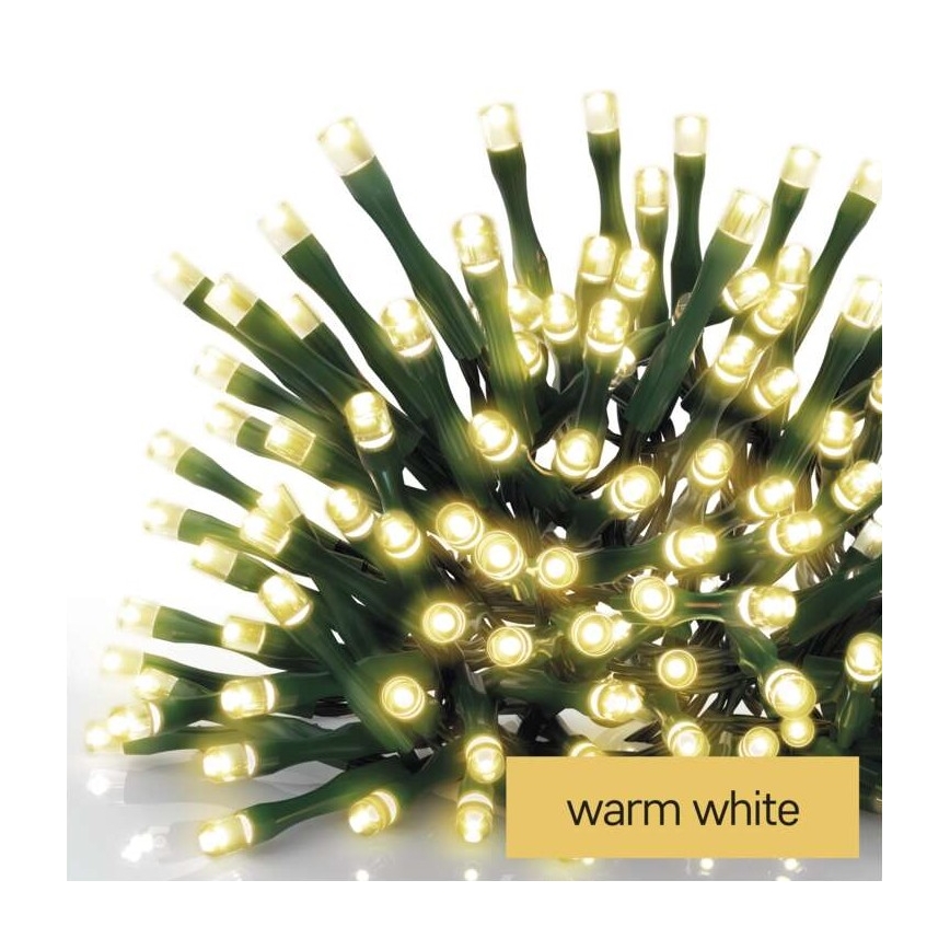 LED svetelný reťaz s mnohými malými žiarovkami s teplou bielou farbou, svieti, je zrolovaný. Text: warm white.