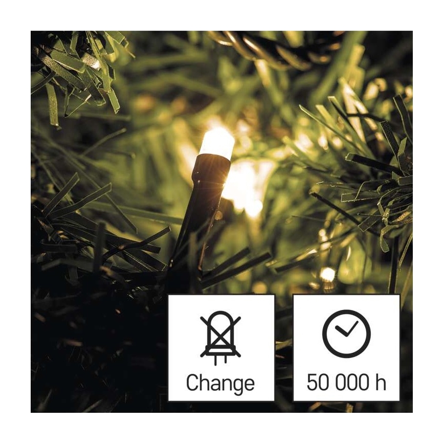 LED dióda svieti na umelom ihličnatom stromčeku. Dióda je súčasťou svetelnej reťaze. Text pod obrázkom: Change, 50 000 h.