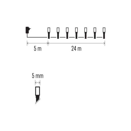 Svetelný reťaz s 10 svetlami je pripojený k zdroju energie. Dĺžka kábla k prvému svetlu je 5 m, dĺžka medzi svetlami je 2,4 m. Celková dĺžka je 29 m. Rozmer jedného svetla je 5 mm.